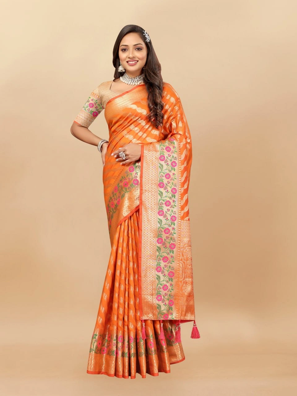 Soft Silk Saree with Gold Zari Lehriya, Rich Meenakari Weaving &amp; Tassel Pallu, Silk Blouse-Orange-3