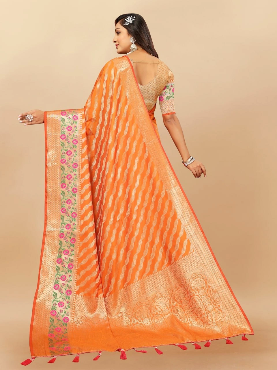 Soft Silk Saree with Gold Zari Lehriya, Rich Meenakari Weaving &amp; Tassel Pallu, Silk Blouse-Orange-4