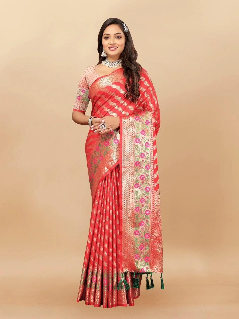 Soft Silk Saree with Gold Zari Lehriya, Rich Meenakari Weaving &amp; Tassel Pallu, Silk Blouse-RMNX-305-Red