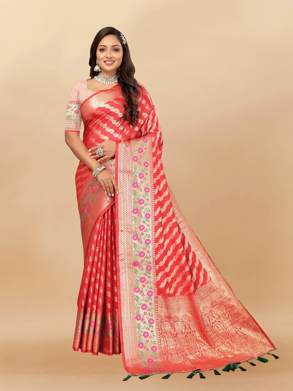 Soft Silk Saree with Gold Zari Lehriya, Rich Meenakari Weaving &amp; Tassel Pallu, Silk Blouse-Red-1