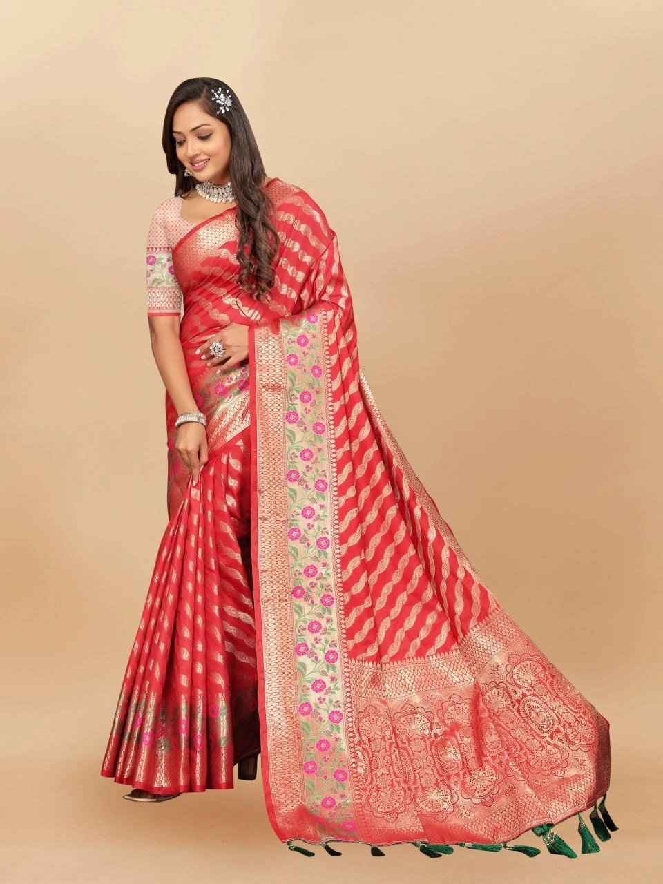 Soft Silk Saree with Gold Zari Lehriya, Rich Meenakari Weaving &amp; Tassel Pallu, Silk Blouse-Red-2