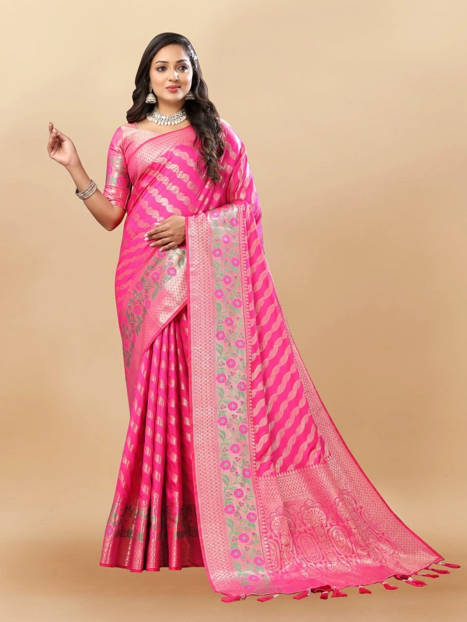 Soft Silk Saree with Gold Zari Lehriya, Rich Meenakari Weaving &amp; Tassel Pallu, Silk Blouse-RMNX-305-Pink