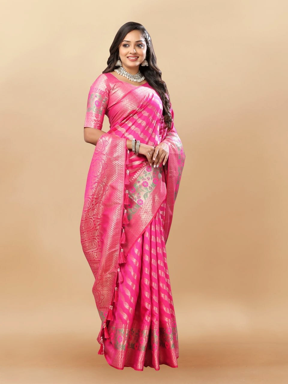 Soft Silk Saree with Gold Zari Lehriya, Rich Meenakari Weaving &amp; Tassel Pallu, Silk Blouse-Pink-1