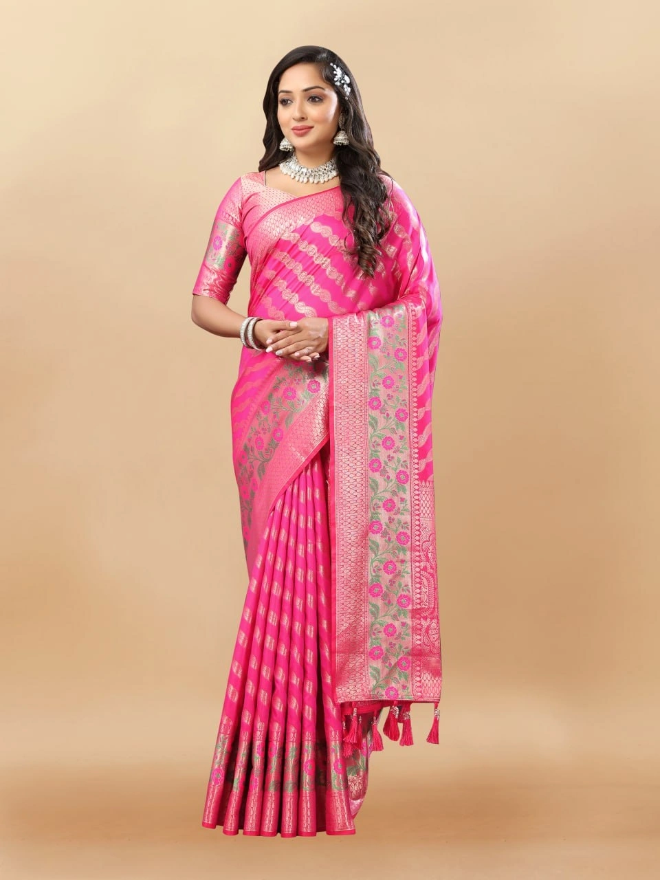 Soft Silk Saree with Gold Zari Lehriya, Rich Meenakari Weaving &amp; Tassel Pallu, Silk Blouse-Pink-2