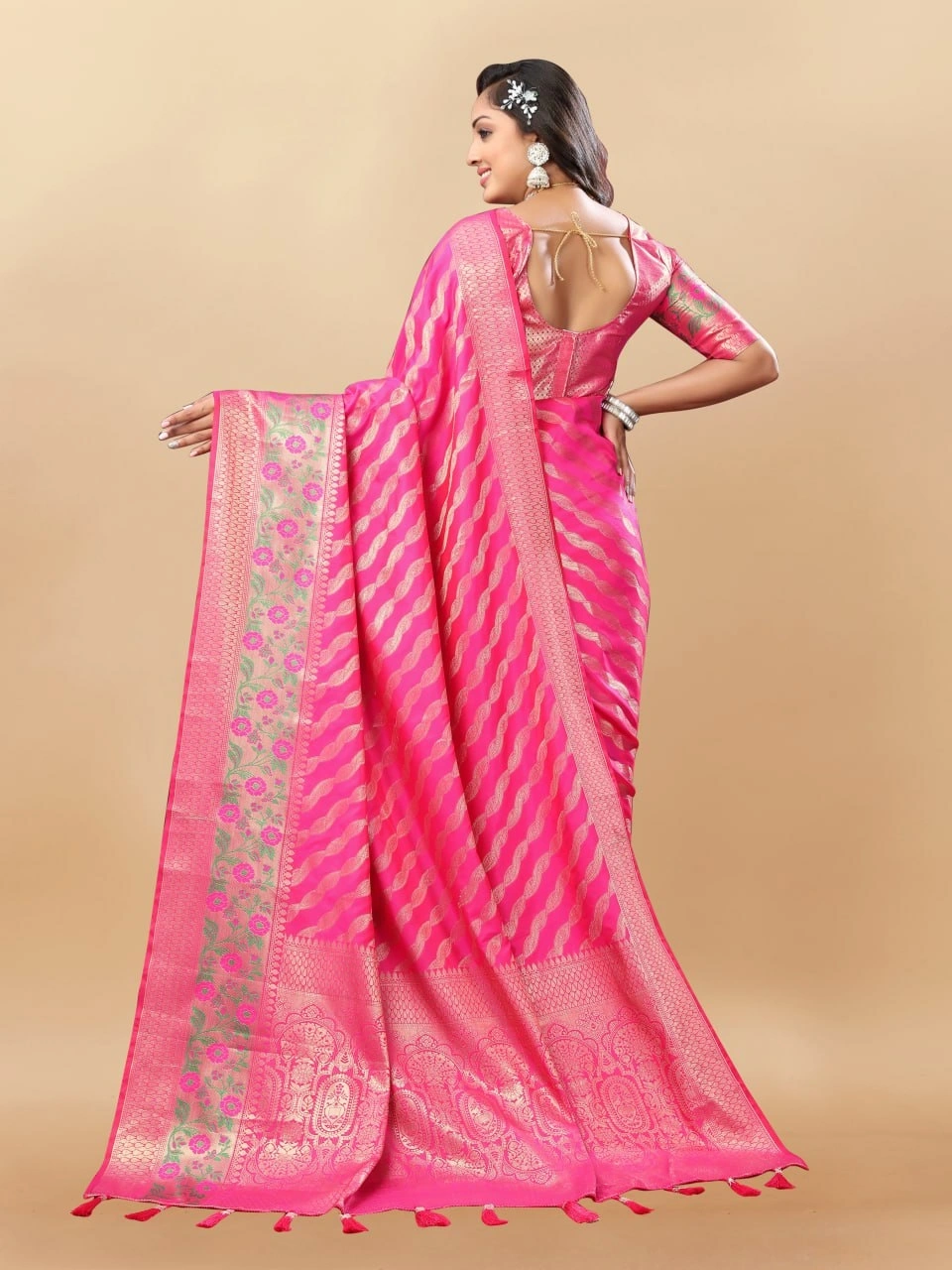 Soft Silk Saree with Gold Zari Lehriya, Rich Meenakari Weaving &amp; Tassel Pallu, Silk Blouse-Pink-3