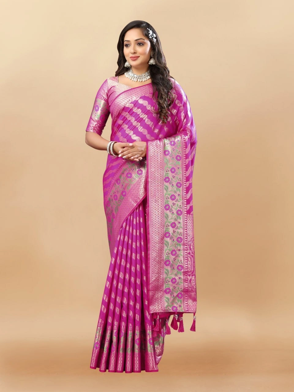 Soft Silk Saree with Gold Zari Lehriya, Rich Meenakari Weaving &amp; Tassel Pallu, Silk Blouse-RMNX-305-Rani