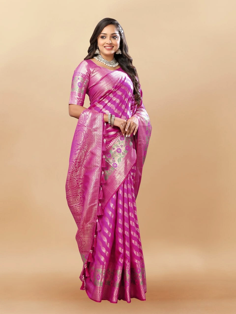 Soft Silk Saree with Gold Zari Lehriya, Rich Meenakari Weaving &amp; Tassel Pallu, Silk Blouse-Rani-1