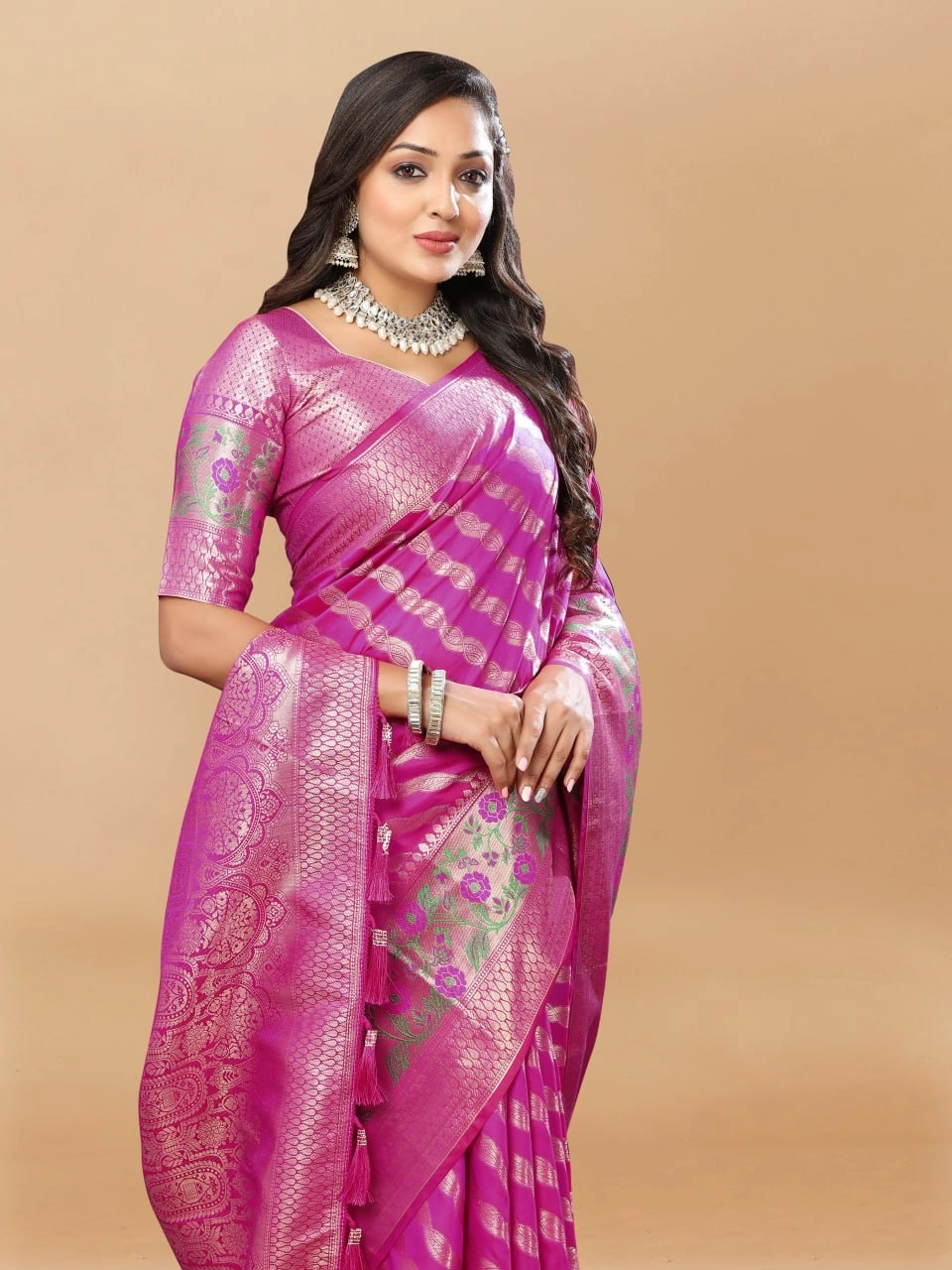 Soft Silk Saree with Gold Zari Lehriya, Rich Meenakari Weaving &amp; Tassel Pallu, Silk Blouse-Rani-2