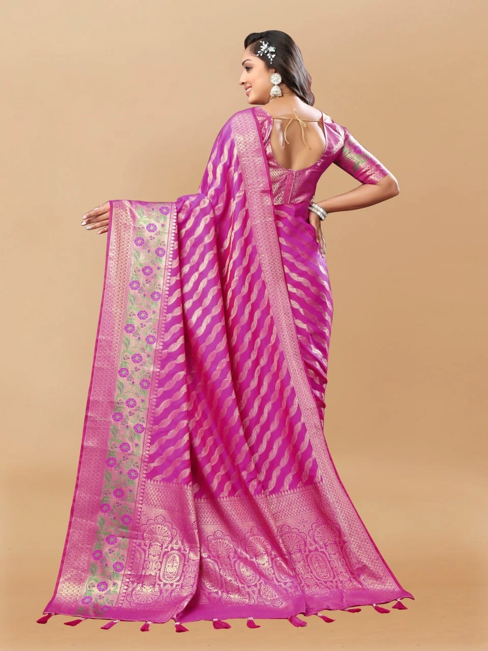 Soft Silk Saree with Gold Zari Lehriya, Rich Meenakari Weaving &amp; Tassel Pallu, Silk Blouse-Rani-3