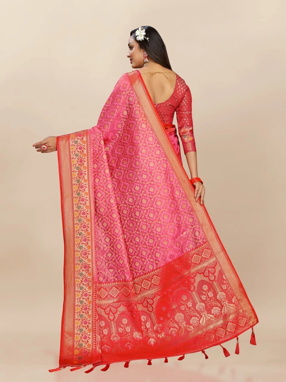 Soft Organza Silk Saree with Elegant Meenakari Weaving Design-Peach-3