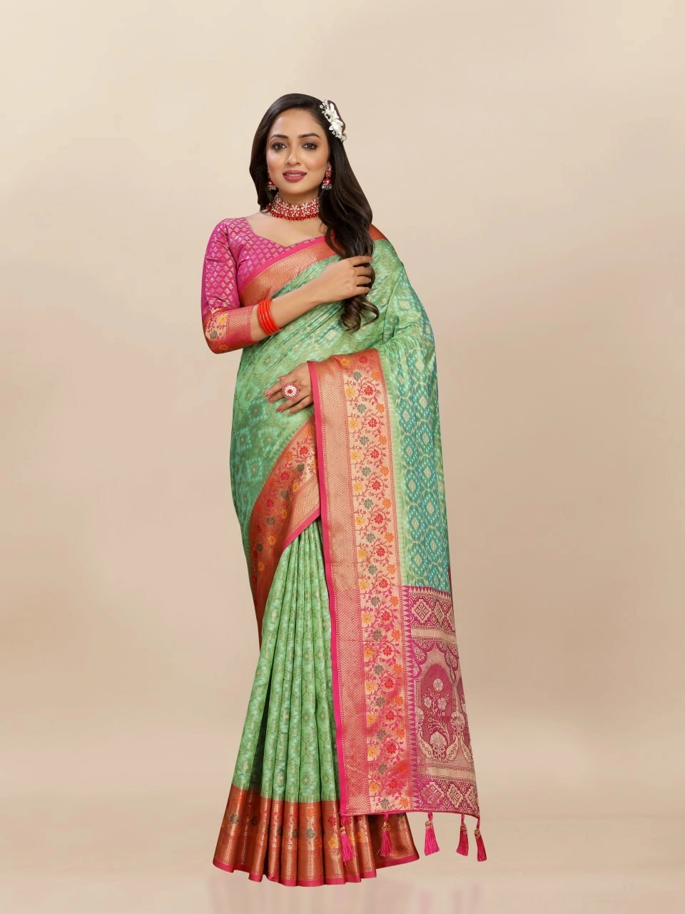 Soft Organza Silk Saree with Elegant Meenakari Weaving Design-RMNX-306-Pista