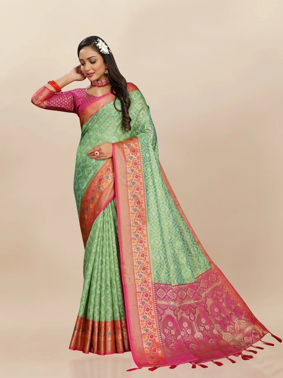 Soft Organza Silk Saree with Elegant Meenakari Weaving Design-Pista-2