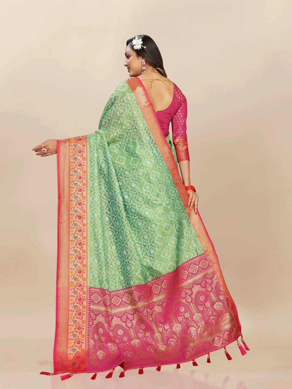 Soft Organza Silk Saree with Elegant Meenakari Weaving Design-Pista-4