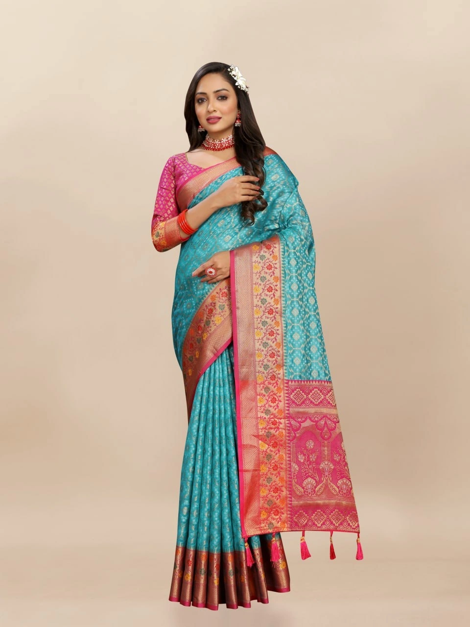 Soft Organza Silk Saree with Elegant Meenakari Weaving Design-Firozi-2