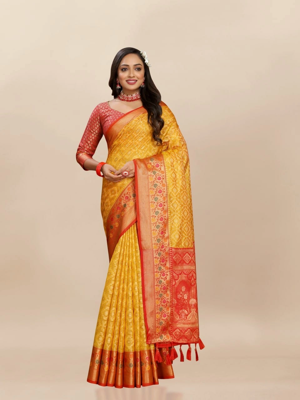 Soft Organza Silk Saree with Elegant Meenakari Weaving Design-RMNX-306-Yellow