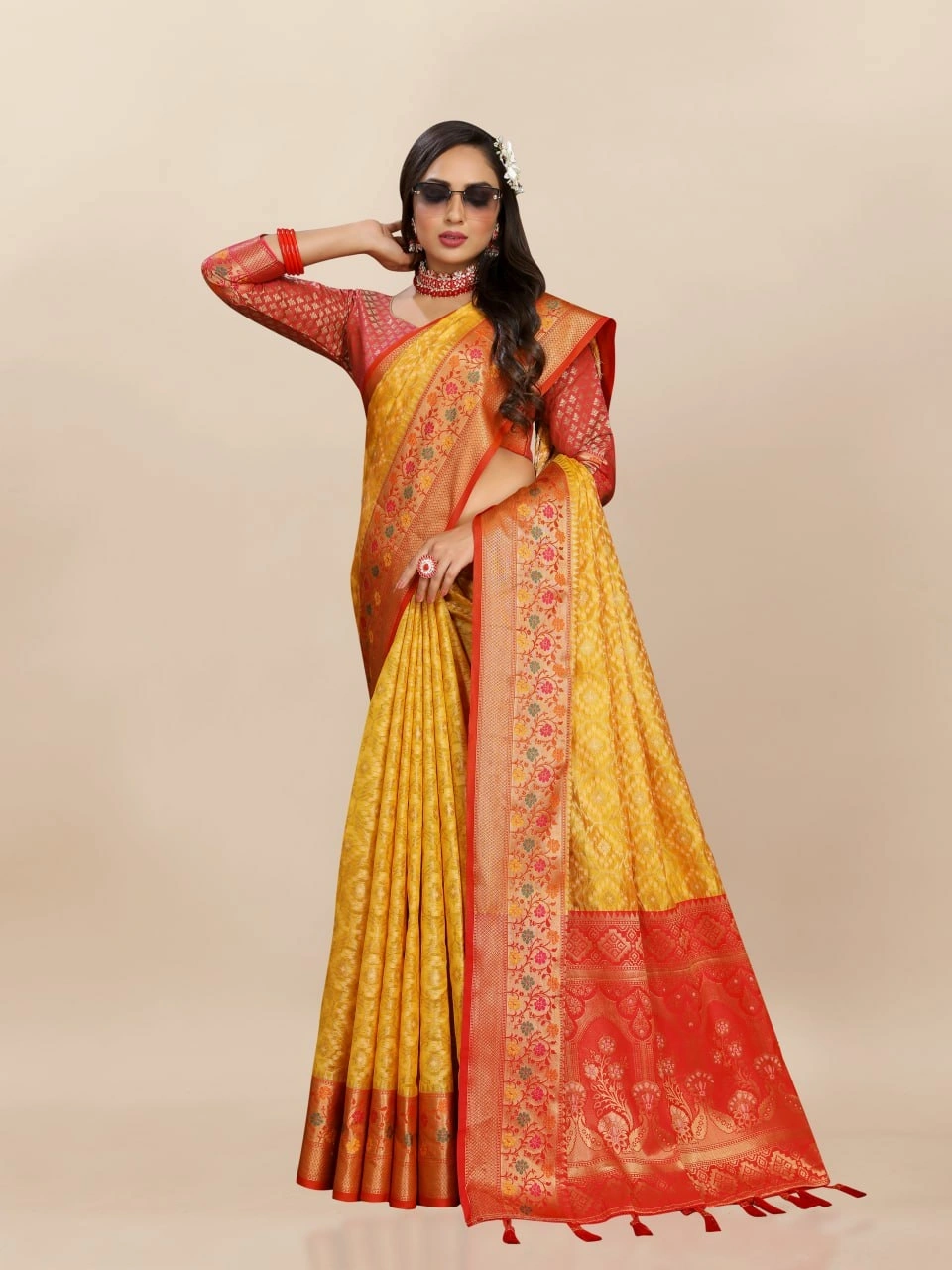 Soft Organza Silk Saree with Elegant Meenakari Weaving Design-Yellow-2