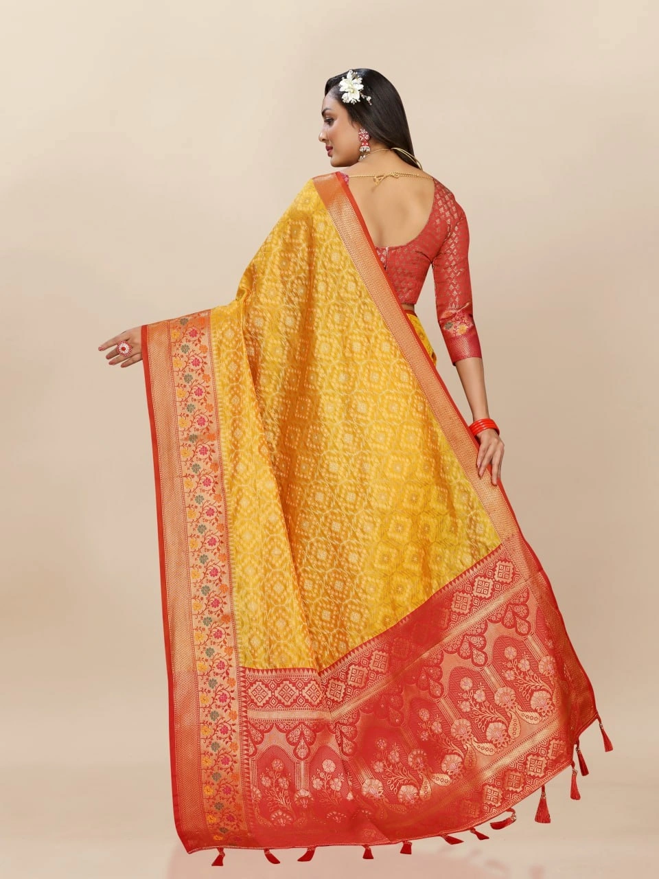 Soft Organza Silk Saree with Elegant Meenakari Weaving Design-Yellow-3