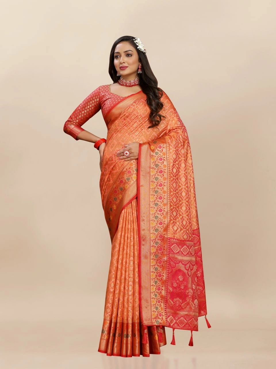 Soft Organza Silk Saree with Elegant Meenakari Weaving Design-RMNX-306-Orange