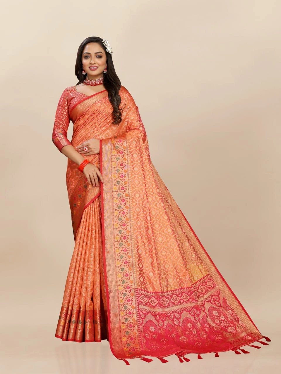 Soft Organza Silk Saree with Elegant Meenakari Weaving Design-Orange-1