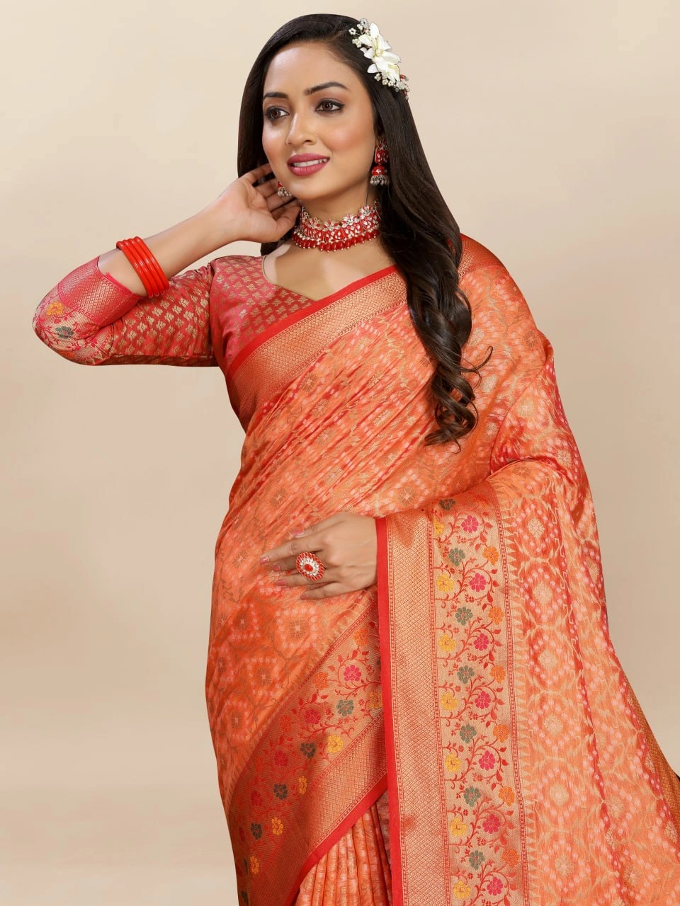 Soft Organza Silk Saree with Elegant Meenakari Weaving Design-Orange-2