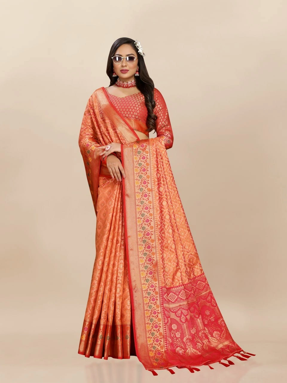 Soft Organza Silk Saree with Elegant Meenakari Weaving Design-Orange-3