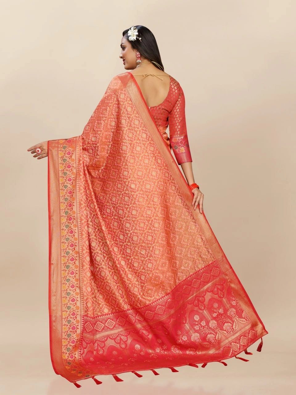 Soft Organza Silk Saree with Elegant Meenakari Weaving Design-Orange-4