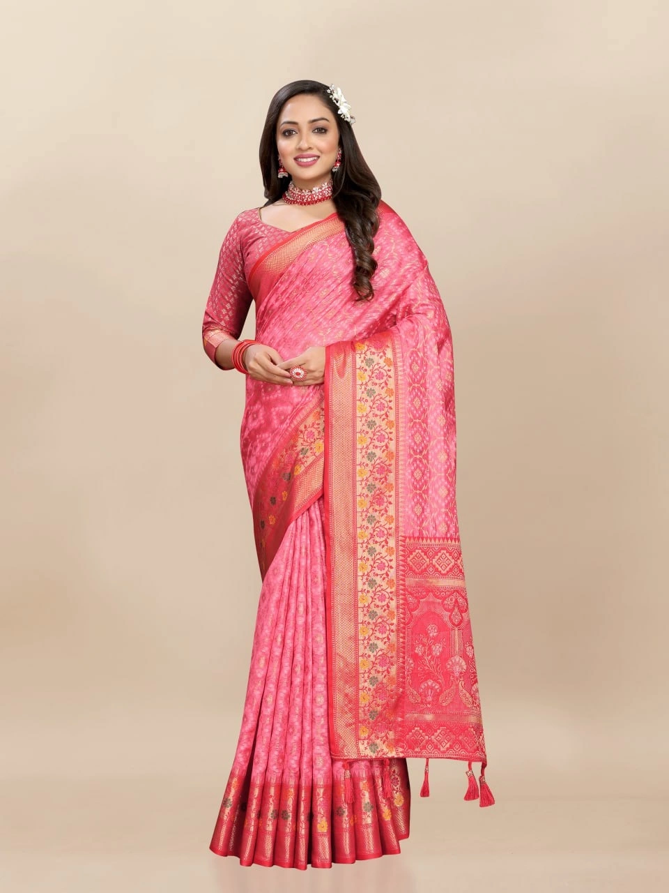 Soft Organza Silk Saree with Elegant Meenakari Weaving Design-RMNX-306-Pink