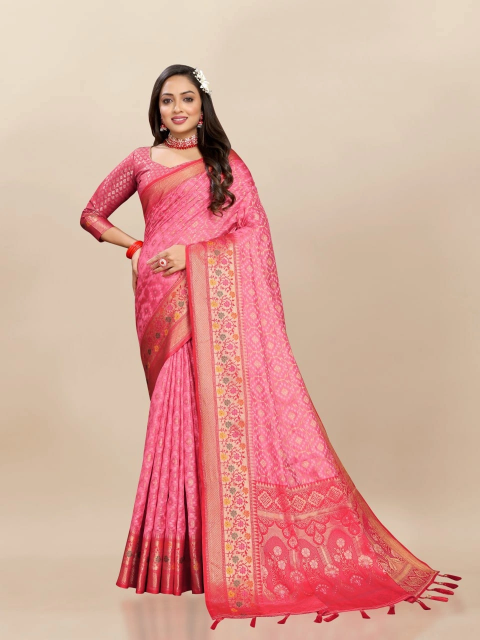 Soft Organza Silk Saree with Elegant Meenakari Weaving Design-Pink-1