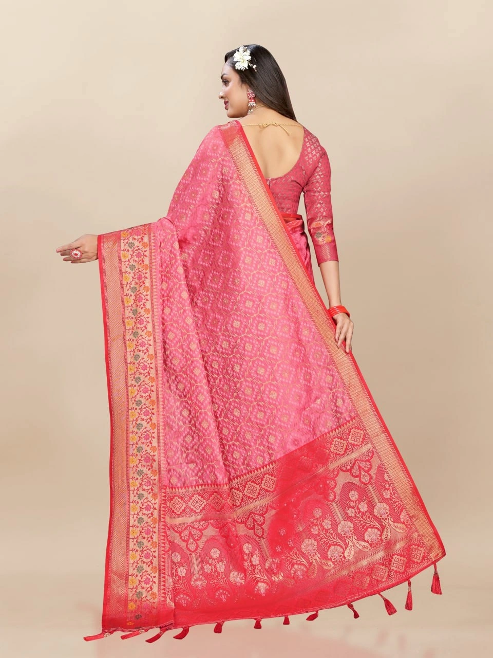 Soft Organza Silk Saree with Elegant Meenakari Weaving Design-Pink-3