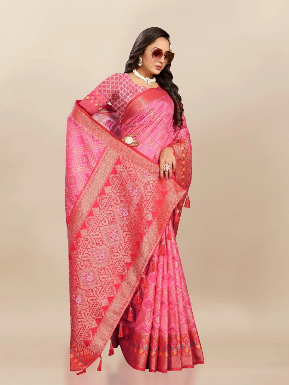 Soft Organza Silk Saree with Elegant Meenakari Weaving Design-RMNX-307-Pink