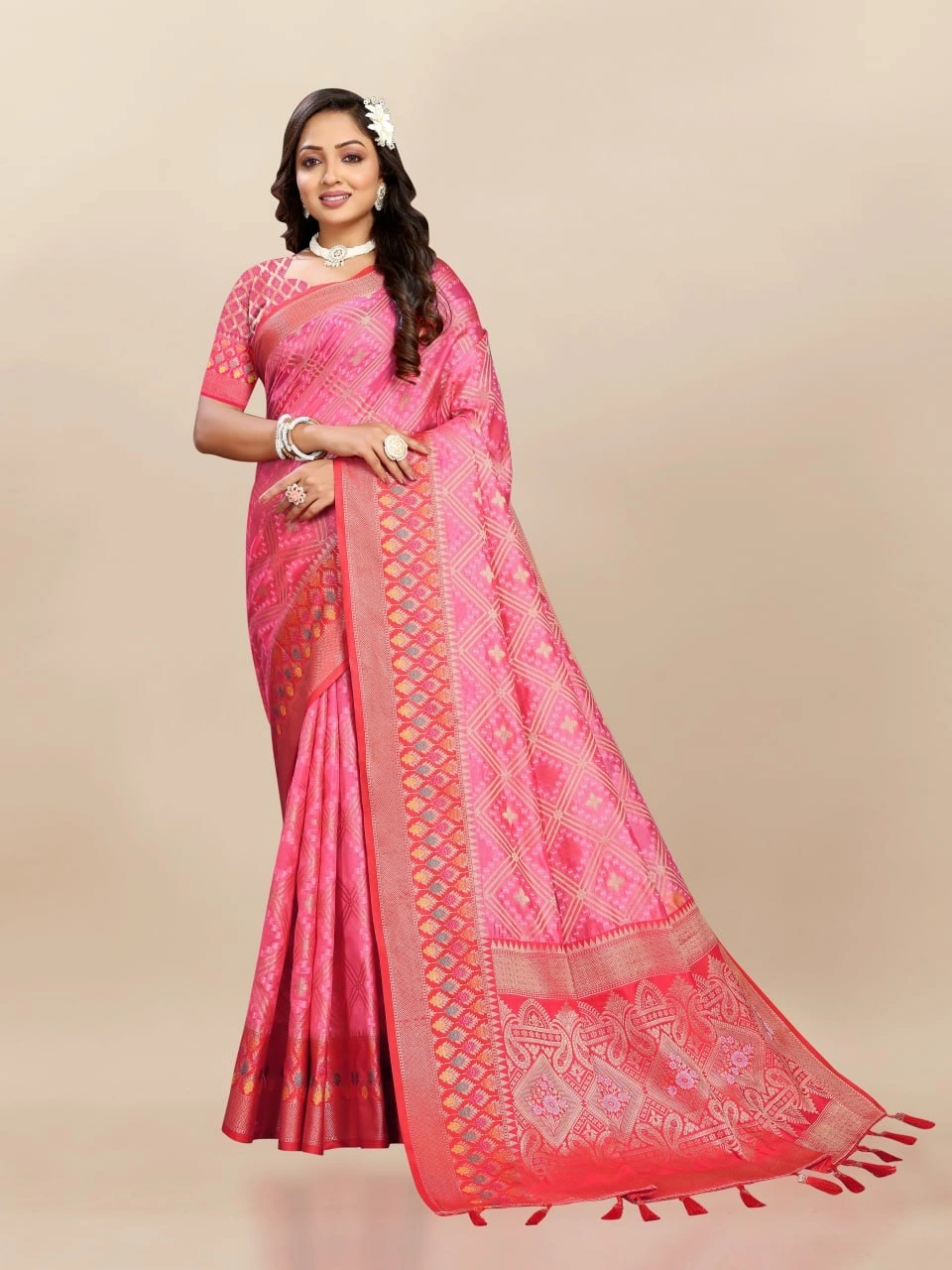 Soft Organza Silk Saree with Elegant Meenakari Weaving Design-Pink-1