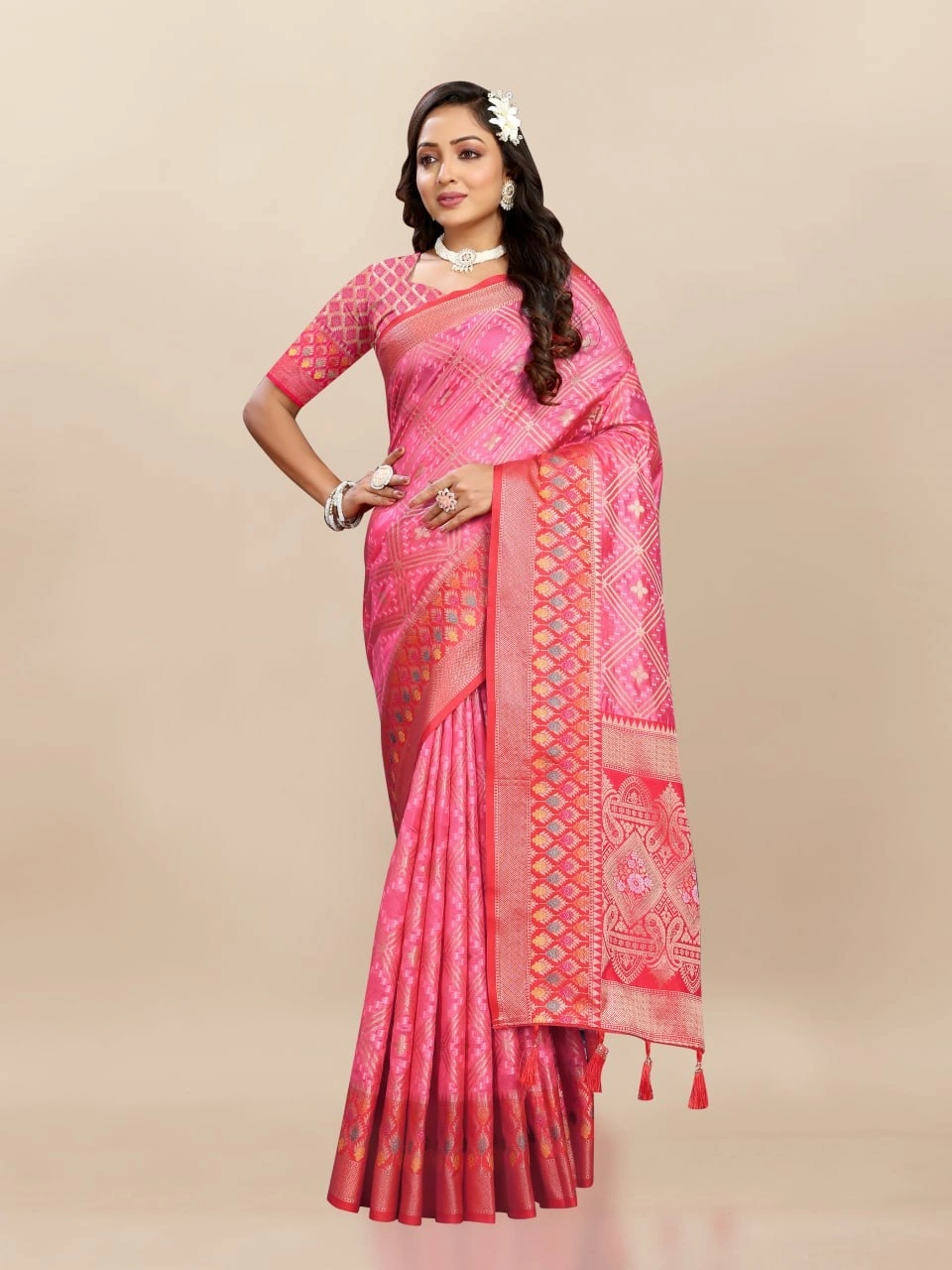 Soft Organza Silk Saree with Elegant Meenakari Weaving Design-Pink-2