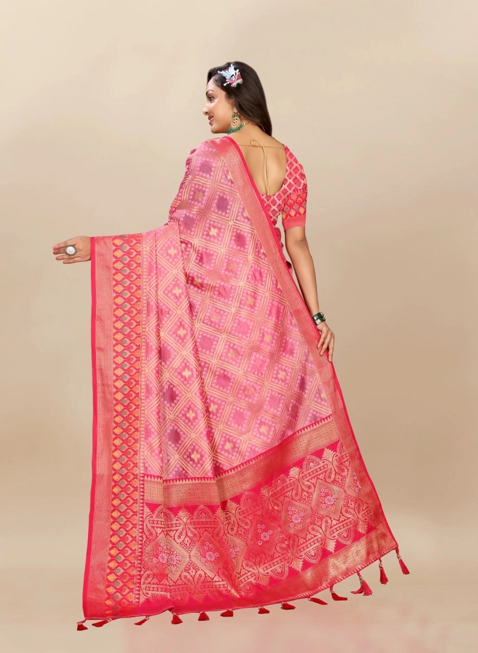 Soft Organza Silk Saree with Elegant Meenakari Weaving Design-Pink-3