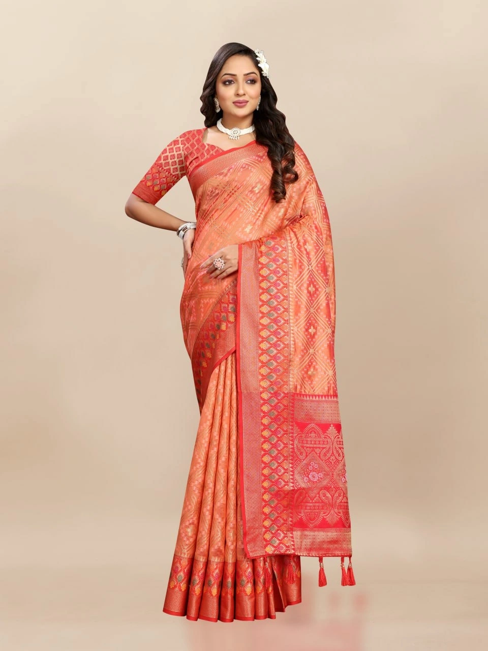 Soft Organza Silk Saree with Elegant Meenakari Weaving Design-RMNX-307-Orange