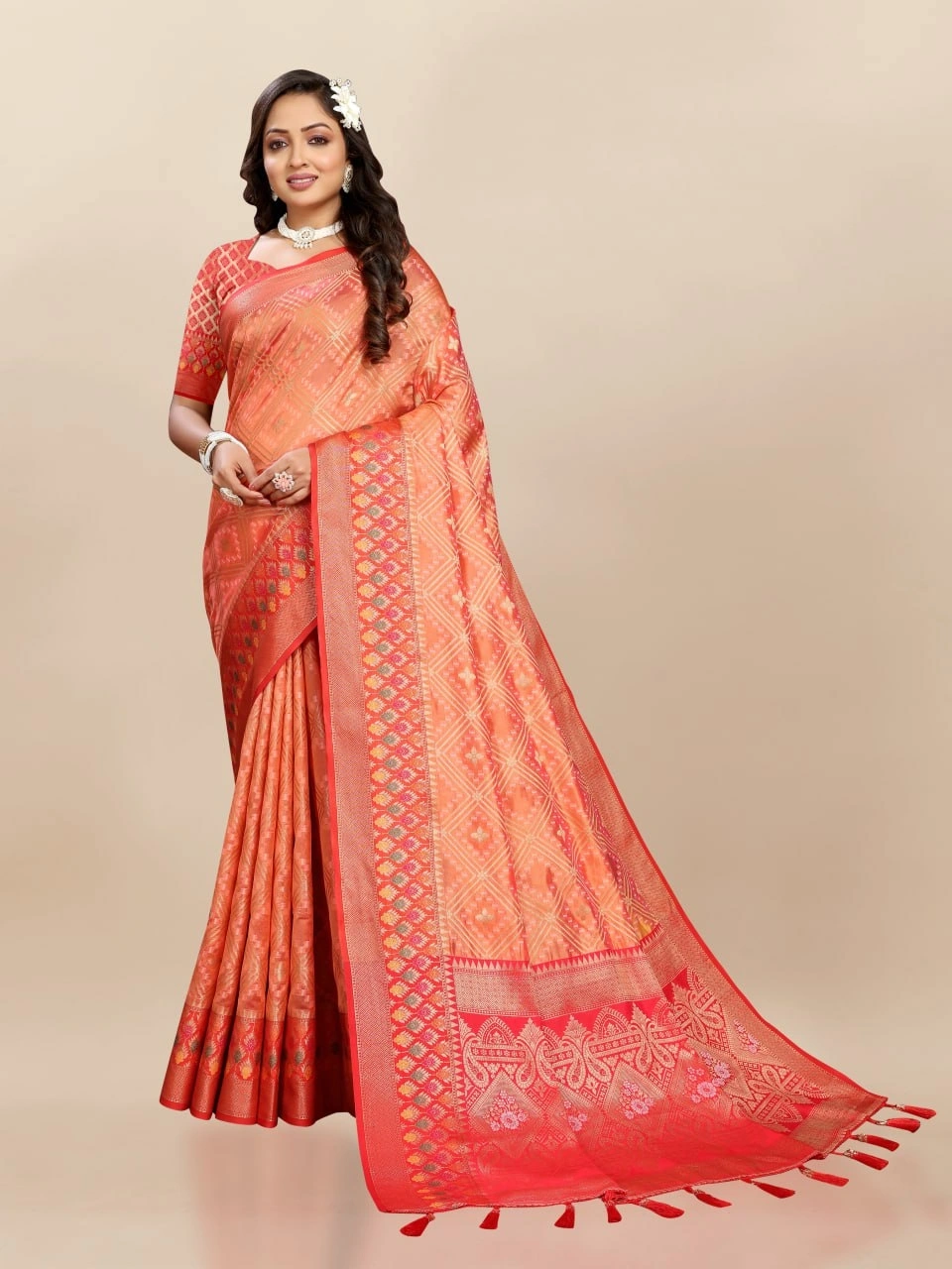 Soft Organza Silk Saree with Elegant Meenakari Weaving Design-Orange-1