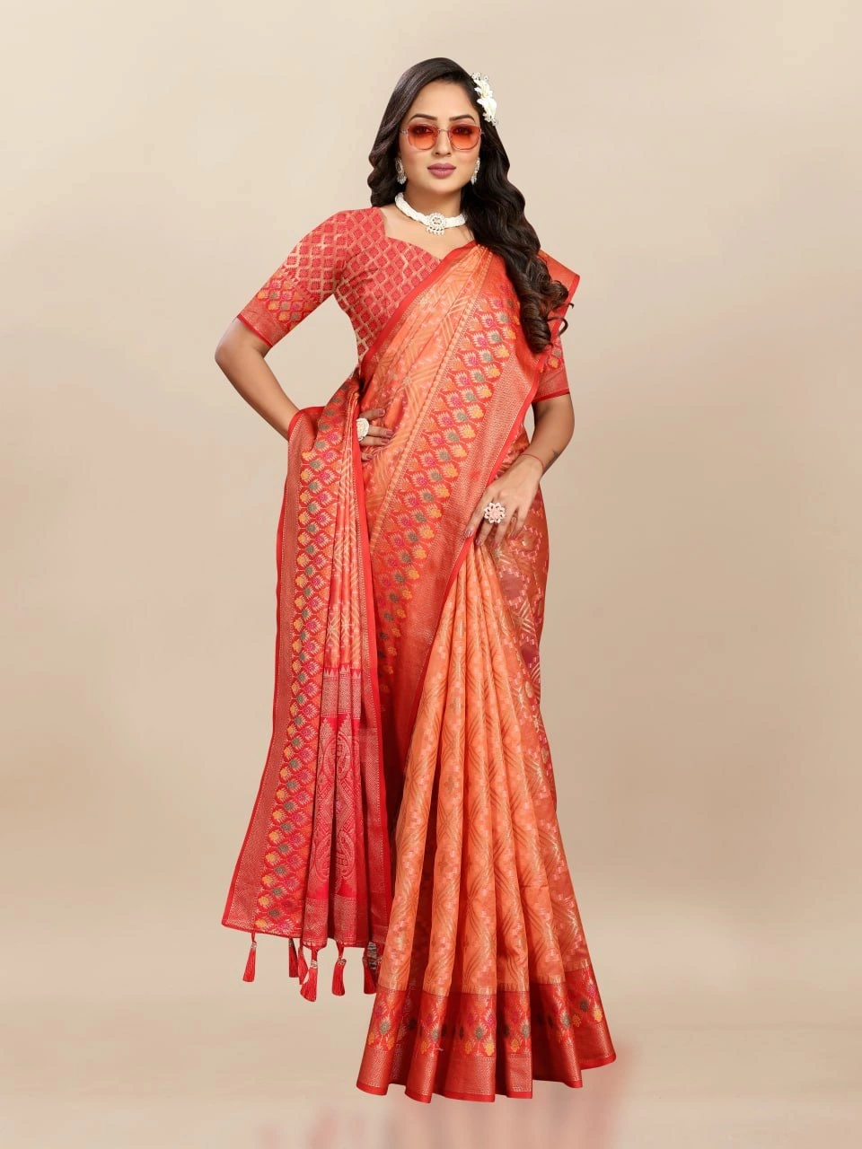 Soft Organza Silk Saree with Elegant Meenakari Weaving Design-Orange-2