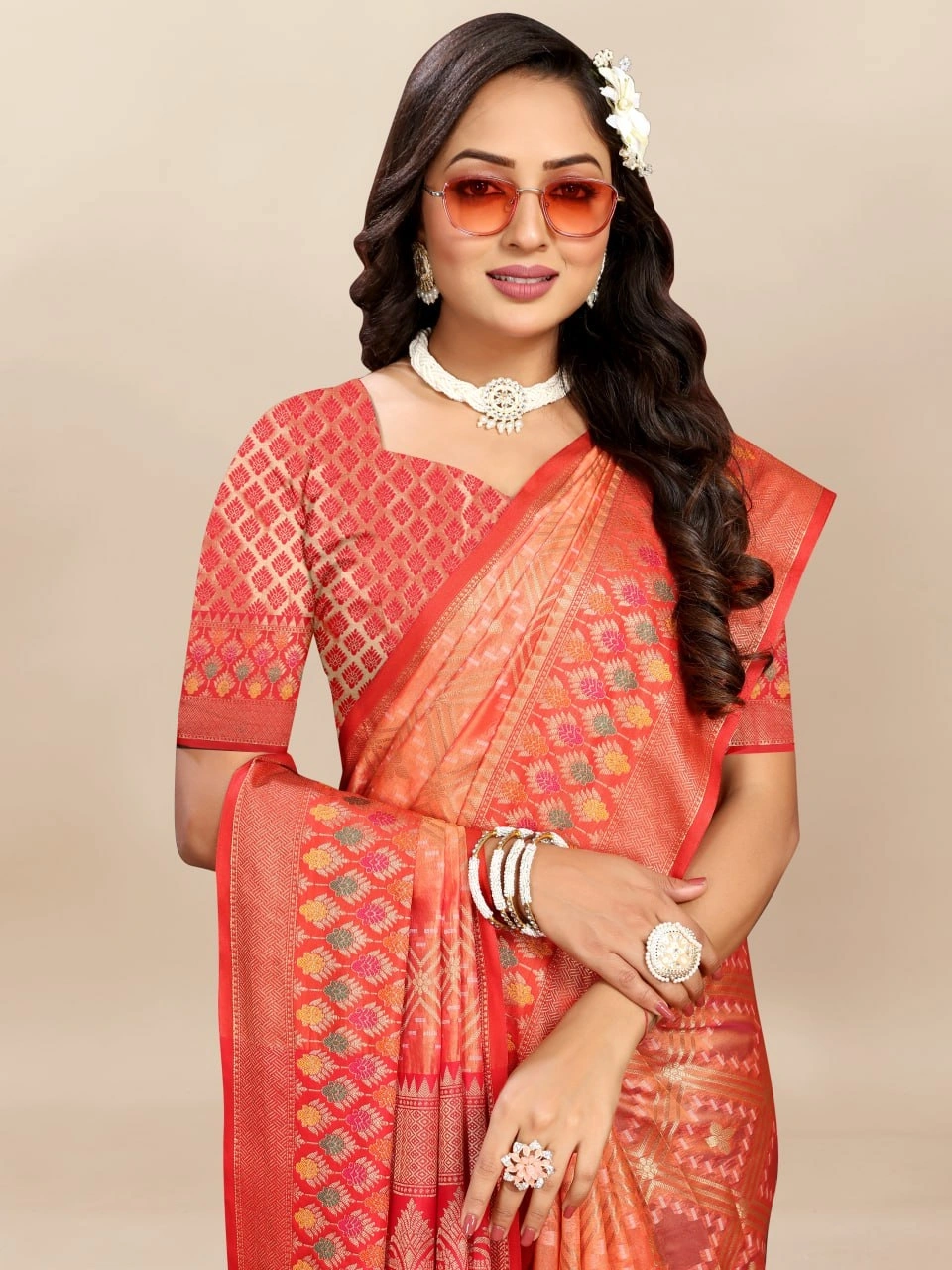 Soft Organza Silk Saree with Elegant Meenakari Weaving Design-Orange-3