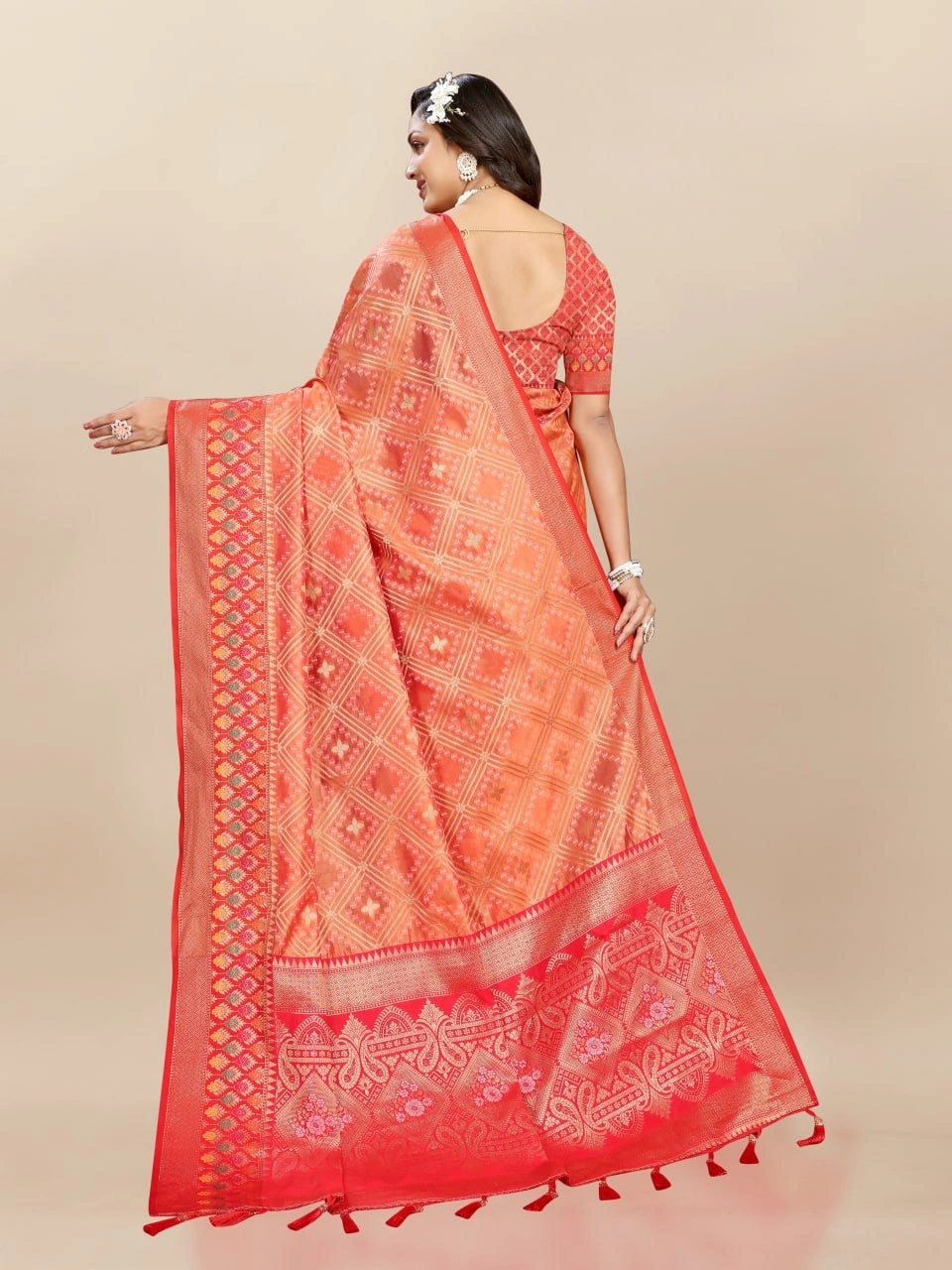 Soft Organza Silk Saree with Elegant Meenakari Weaving Design-Orange-4