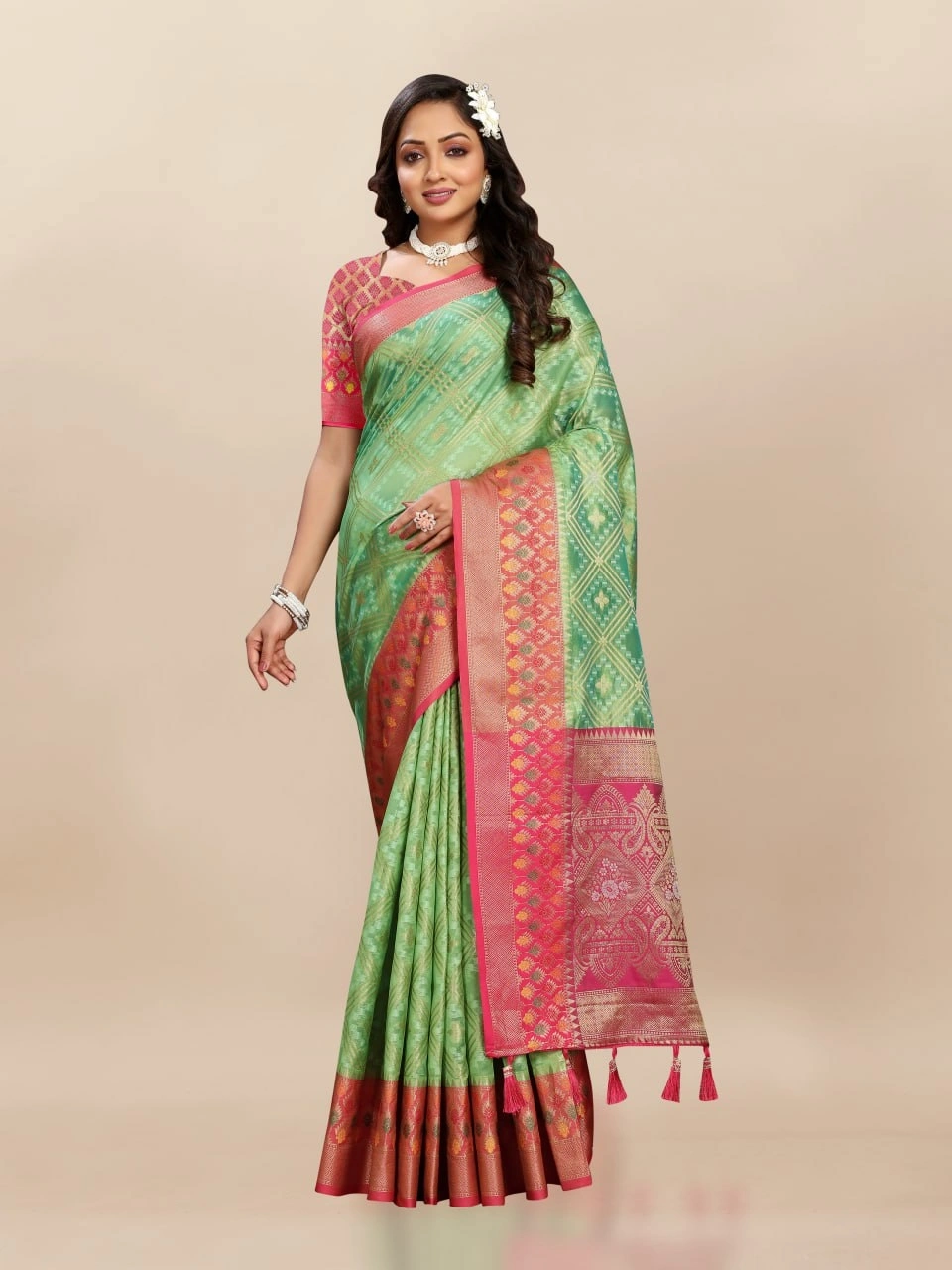 Soft Organza Silk Saree with Elegant Meenakari Weaving Design-RMNX-307-Pista