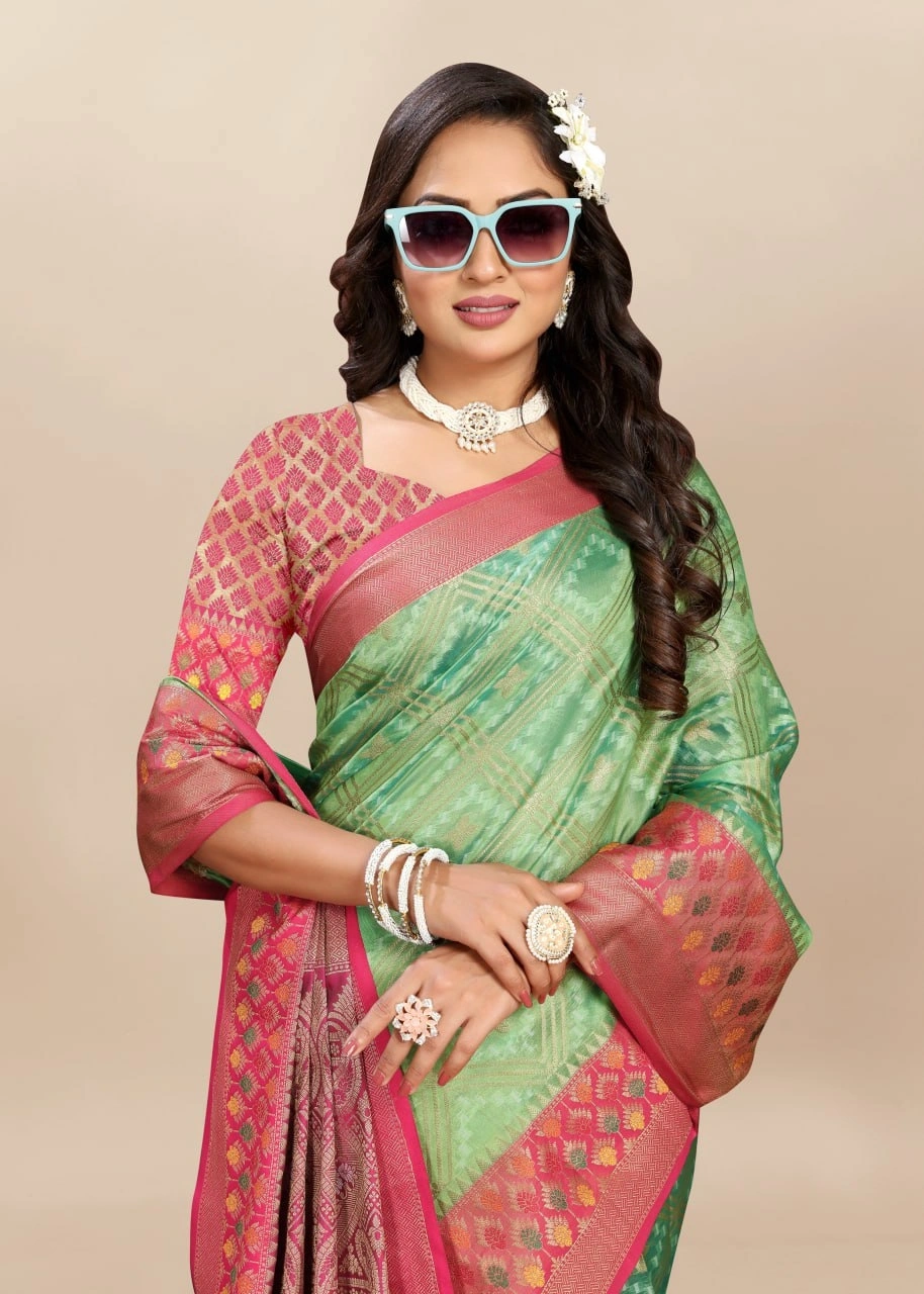 Soft Organza Silk Saree with Elegant Meenakari Weaving Design-Pista-1