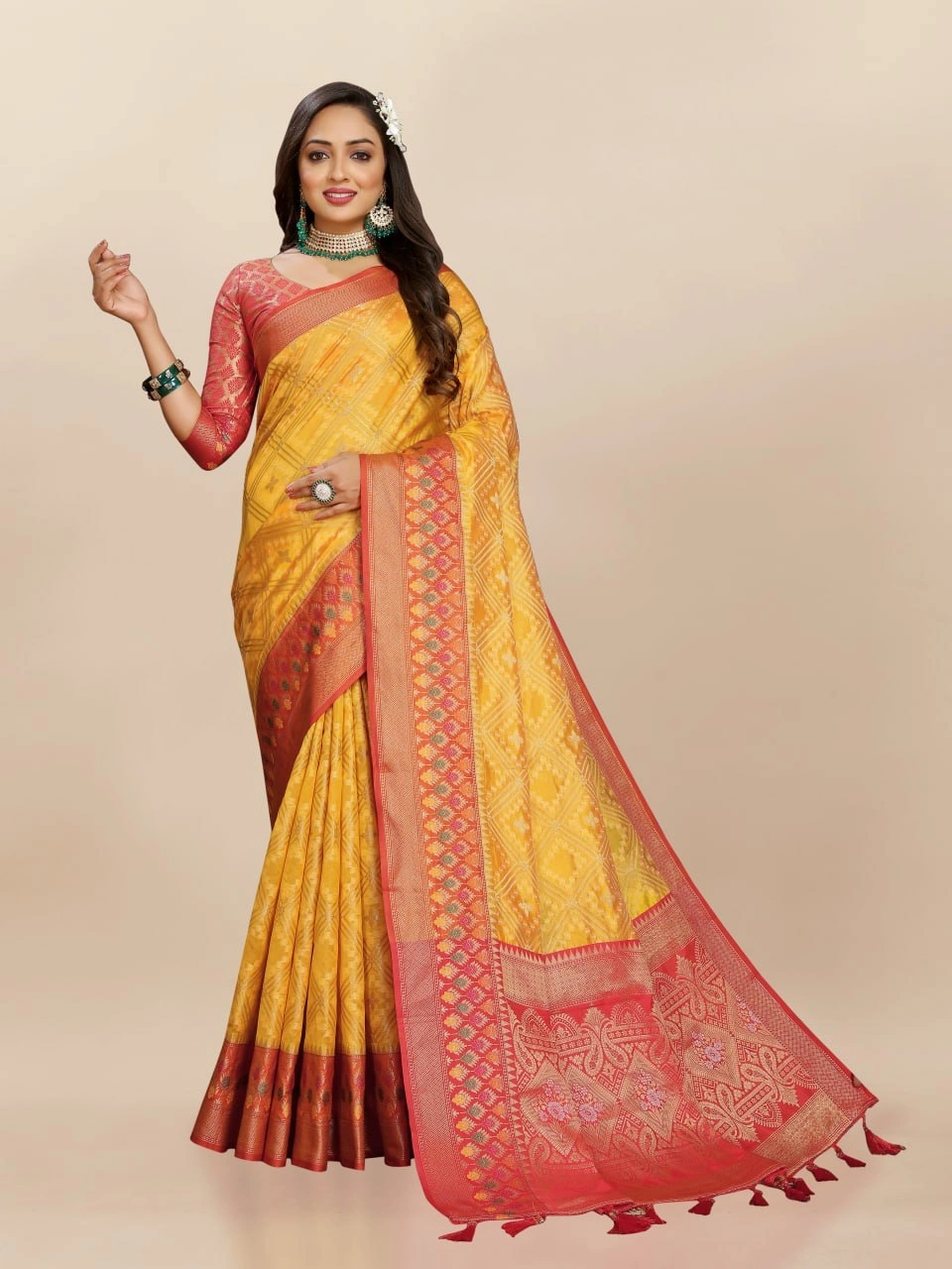 Soft Organza Silk Saree with Elegant Meenakari Weaving Design-Yellow-1