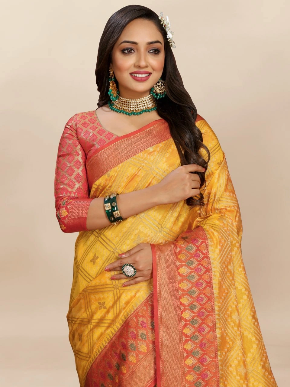 Soft Organza Silk Saree with Elegant Meenakari Weaving Design-Yellow-2