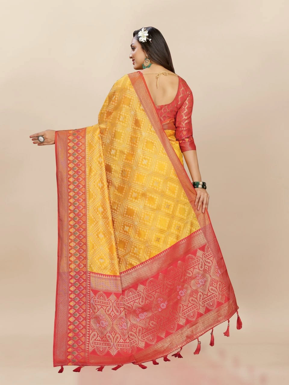 Soft Organza Silk Saree with Elegant Meenakari Weaving Design-Yellow-4