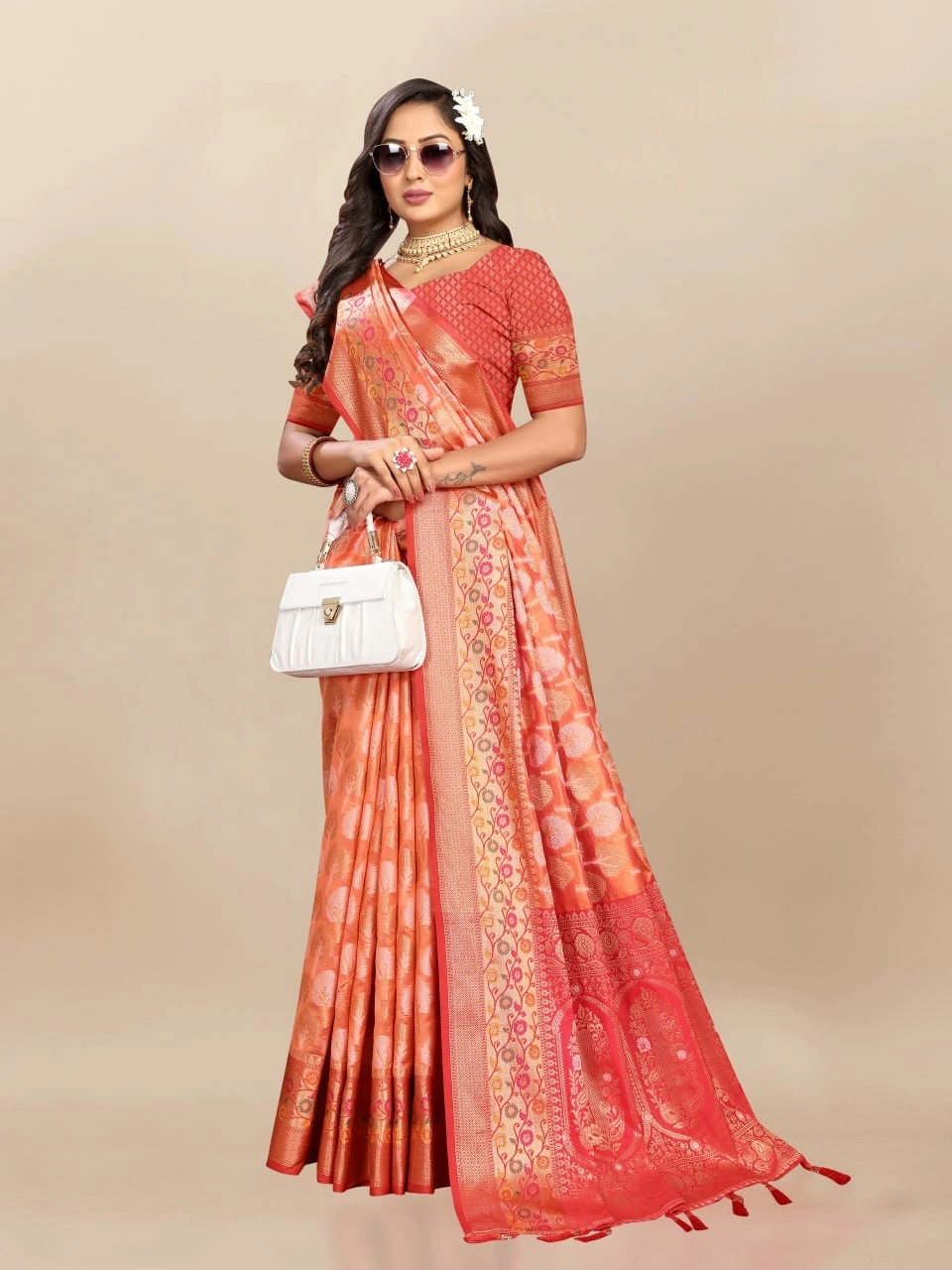 Soft Organza Silk Saree with Elegant Meenakari Weaving Design-RMNX-308-Orange