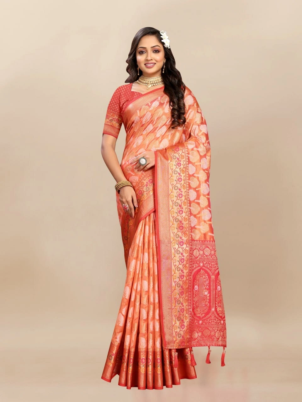 Soft Organza Silk Saree with Elegant Meenakari Weaving Design-Orange-1