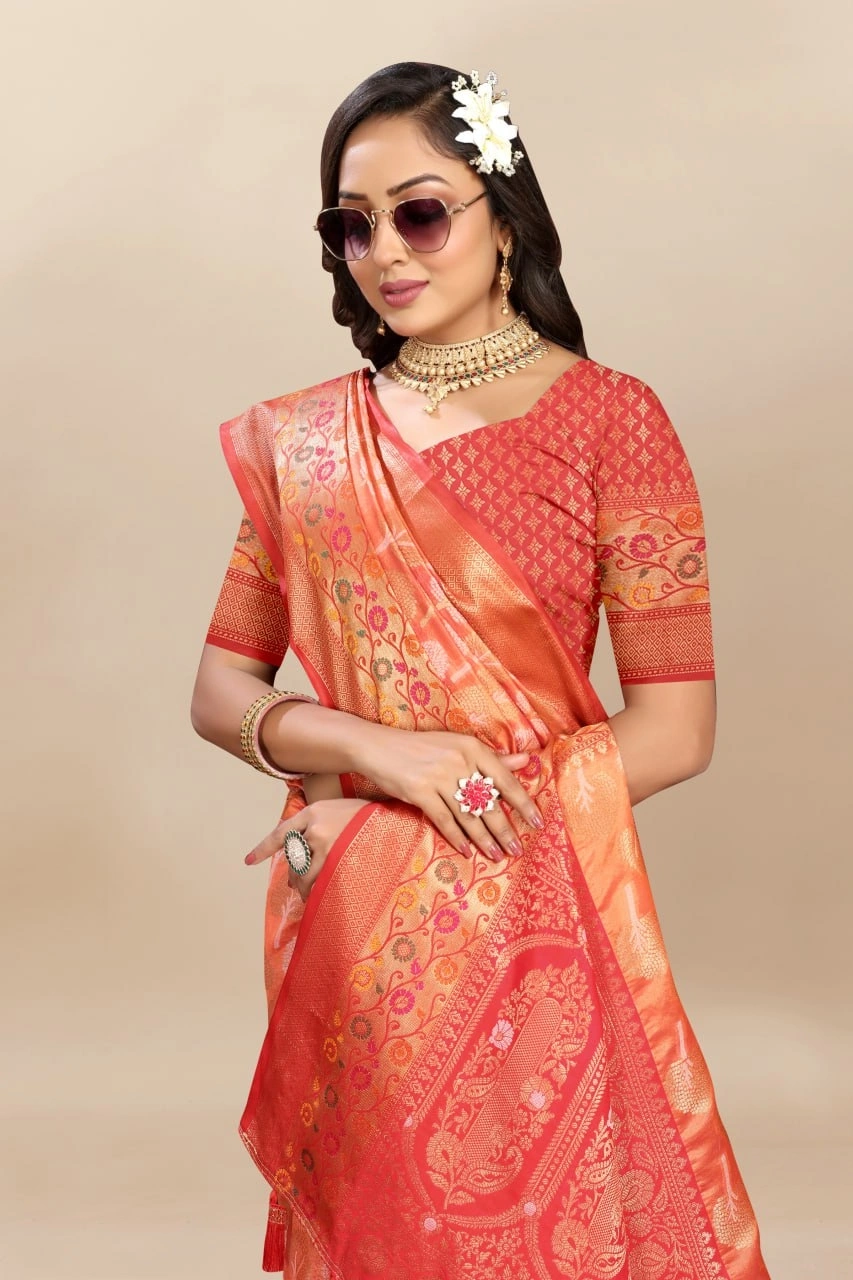 Soft Organza Silk Saree with Elegant Meenakari Weaving Design-Orange-2