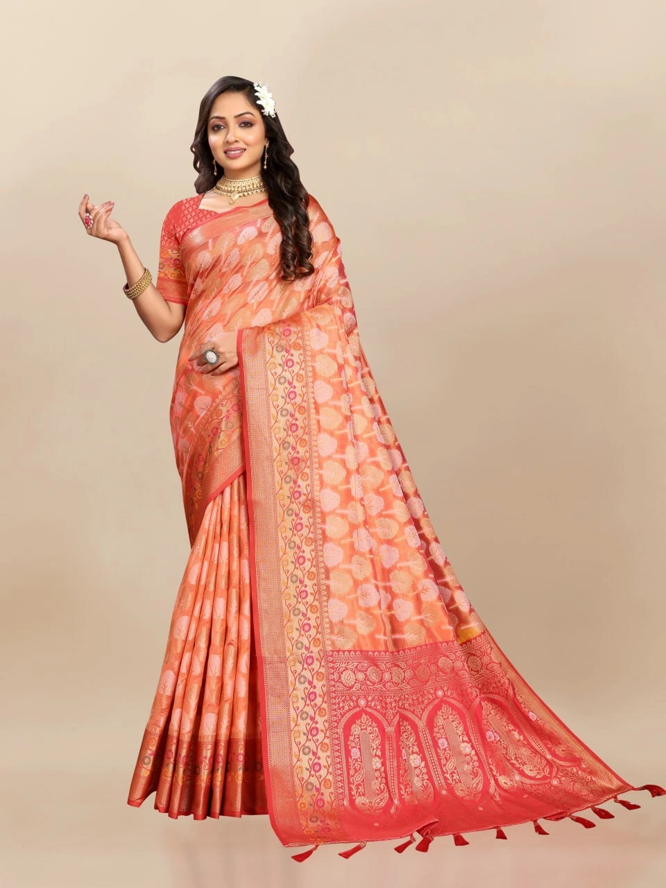 Soft Organza Silk Saree with Elegant Meenakari Weaving Design-Orange-3