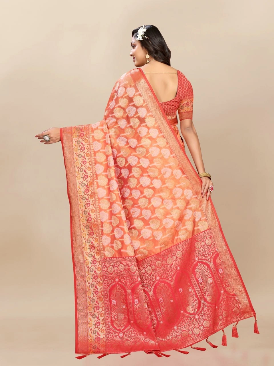 Soft Organza Silk Saree with Elegant Meenakari Weaving Design-Orange-4