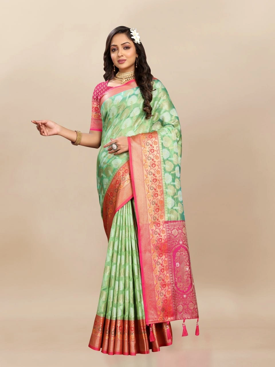 Soft Organza Silk Saree with Elegant Meenakari Weaving Design-RMNX-308-Pista