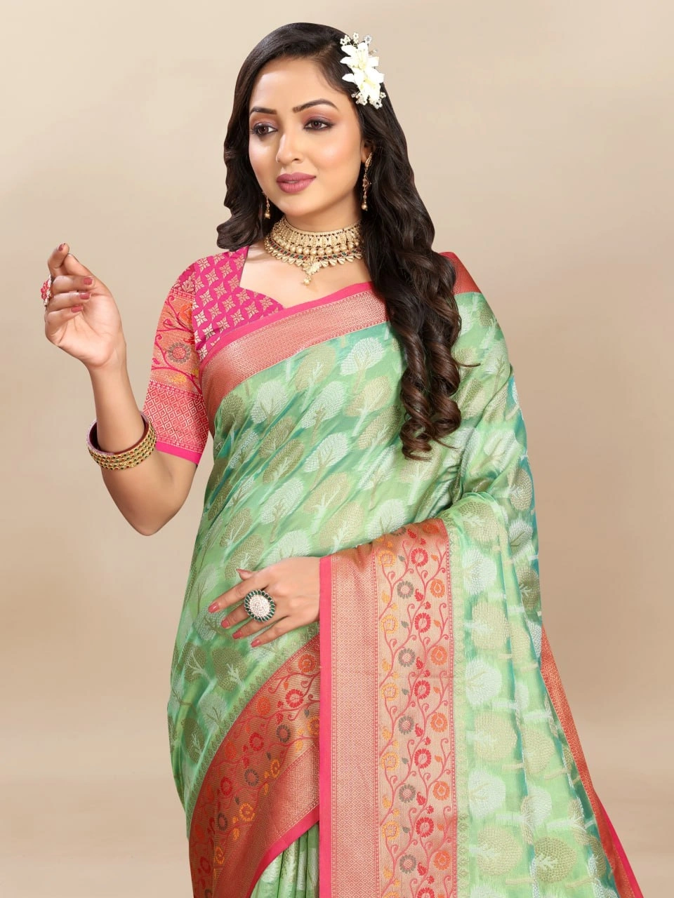 Soft Organza Silk Saree with Elegant Meenakari Weaving Design-Pista-2